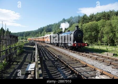 La locomotive 63395 tire le train North York Moors Teak Set de voitures dans la gare de Levisham un après-midi d'été Banque D'Images