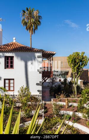 Grande maison blanche avec balcon en bois et jardins avec cactus et palmiers, Guia de Isora, Tenerife, îles Canaries, Espagne Banque D'Images