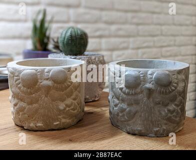 Pots en béton avec figurines de chouette sur table en bois avec mur de briques blanches sur l'arrière-plan Banque D'Images