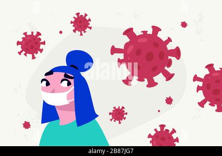 Illustration d'une femme dans un masque de protection. Vecteur. Épidémie. Virus pandémique mondial de la couronne 19. Une personne en bonne santé dans un masque médical. protection aga Illustration de Vecteur