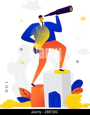 Illustration d'un homme d'affaires regardant à travers un spyglass. Vecteur. Un homme avec une idée fait des plans pour l'avenir. Métaphore. Recherche créative de frais i Illustration de Vecteur