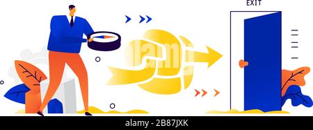 Illustration d'un homme d'affaires tenant une boussole. Vecteur. Métaphore. Un homme essaie de trouver un moyen de sortir du labyrinthe. Brainstorming et trouver un moyen de sortir Illustration de Vecteur