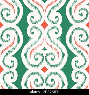 Motif Ikat traditionnel en continu, vert et rouge, dessiné à la main Illustration de Vecteur