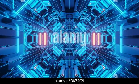 illustration tridimensionnelle fond d'écran graphique d'art avec néon bleu filaire science fiction tunnel couloir passerelle hangar avec de belles réflexions Illustration de Vecteur