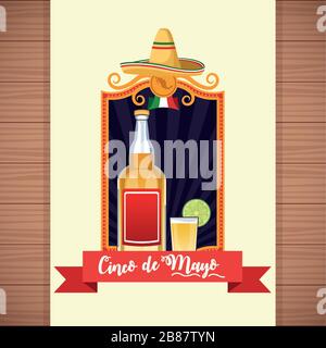 carte de célébration cinco de mayo avec bouteille de tequila et tasses Illustration de Vecteur