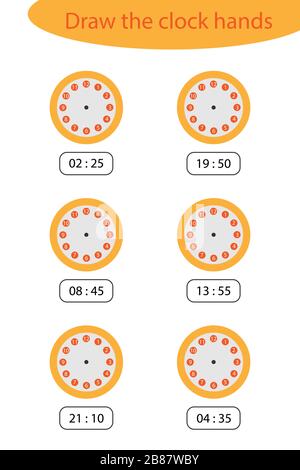Quelle heure est-il, dessiner les mains de l'horloge, le jeu avec des horloges pour les enfants, l'activité éducative amusante pour les enfants, la tâche éducative pour le développement de logique Illustration de Vecteur