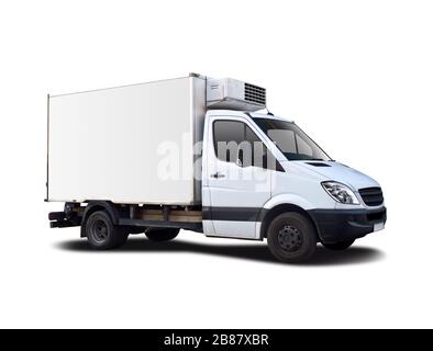 vue latérale du camion réfrigéré blanc isolée sur blanc Banque D'Images