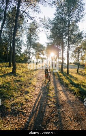 Le cycliste féminin conduit le vélo de gravier vers la caméra avec de longues ombres à la lumière du soleil Banque D'Images