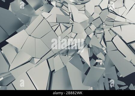 Rendu 3D abstrait de la surface fissurée. Arrière-plan avec forme brisée. Destruction des murs. Éclatement avec des débris. Illustration cgi moderne. Banque D'Images