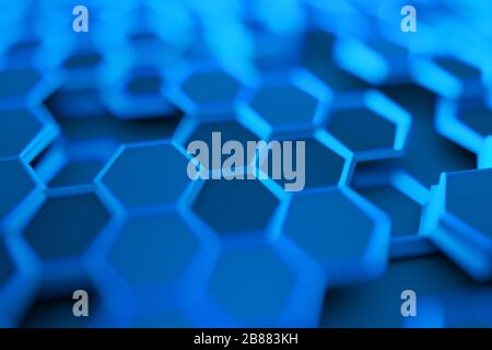 Rendu 3D abstrait de surface futuriste avec des hexagones. Arrière-plan contemporain en science-fiction avec effet bokeh. Motif poster. Banque D'Images
