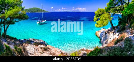 Belle plage de Kastani, île de Skopelos, Sporades, Grèce. Banque D'Images