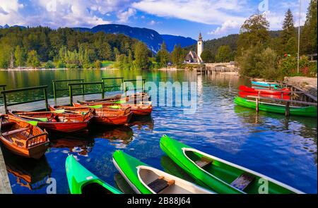 Magnifique lac de Bohinj, vue panoramique, Slovénie. Banque D'Images