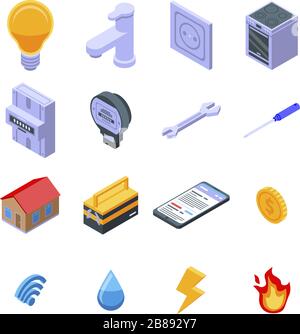 Les icônes des utilitaires sont définies, style isométrique Illustration de Vecteur