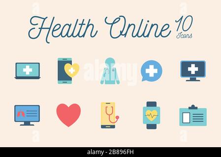 Conception vectorielle d'ensemble d'icônes de style plat en ligne de santé isolée Illustration de Vecteur