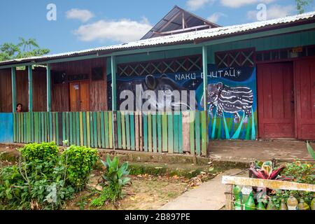 Maison peinte par l'Inde dans le village de Puerto Nariña Amazone, Colombie, Amérique du Sud. Banque D'Images
