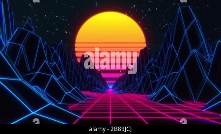 fond futuriste rétro des années 80. Paysage de jeux vidéo VJ avec lumières au néon Banque D'Images