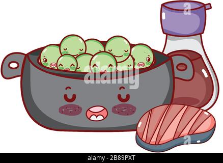 kawaïi cuisine pot petits pois viande et saké alimentaire japonais dessin vectoriel illustration sushi et rouleaux Illustration de Vecteur