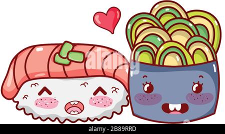 wasabi saumon et salade de sushis kawaii illustration vectorielle japonaise sushi et petits pains Illustration de Vecteur