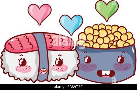 les sushis kawaii et le caviar adorent la nourriture les sushis et les petits pains à l'illustration vectorielle japonaise Illustration de Vecteur