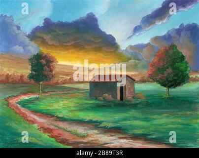 Paysage rural avant le coucher du soleil. Peinture traditionnelle mixte. Banque D'Images