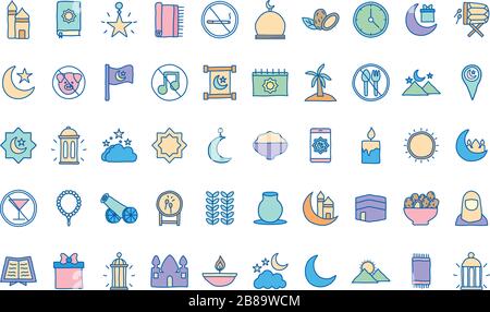 La ligne Ramadan et l'icône de style de remplissage définissent la conception vectorielle Illustration de Vecteur