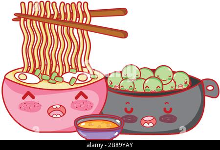 kawaii ramen nouilles petits pois et sauce alimentaire illustration vectorielle japonaise sushi et rouleaux Illustration de Vecteur