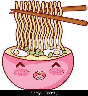 kawaii ramen soupe nouilles baguettes dessins animés, sushi et rouleaux illustration vectorielle Illustration de Vecteur