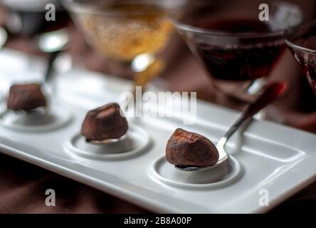 variété de vins différents avec truffes traditionnelles dépotées en poudre de cacao à cette dégustation de vin et de chocolat Banque D'Images