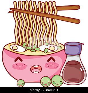 nouilles kawaii soupe saké et pois nourriture japonais dessin vectoriel dessin de dessin animé sushi et rouleaux Illustration de Vecteur