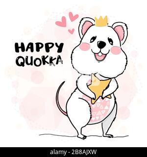 Mignon heureux quokka portant couronne tenant étoile, dessin contour animal personnage plat vecteur idée pour carte de vœux, carte d'anniversaire, pépinière et puéril Illustration de Vecteur