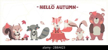 joli bois animal joyeux automne ensemble Illustration de Vecteur