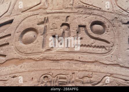 Cartouche de Pharaon Ramesses II les grands Hiéroglyphes anciens sculptés dans un pilier du temple de Karnak en Egypte Banque D'Images