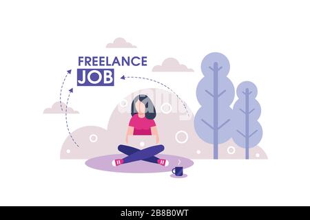 Concept Freelance. Fille freelance sur l'extérieur travaillant avec ordinateur portable avec connexion sans fil. Modèle de conception de vecteur de page de renvoi. Illustration de Vecteur