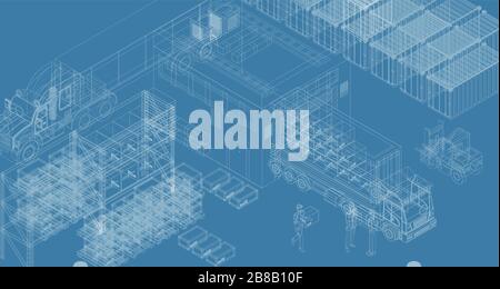 Conception filaire de chariots avec entrepôt pour système de livraison Illustration de Vecteur
