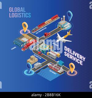 Structure isométrique du service de livraison moderne et de la logistique mondiale avec points d'arrivée et de départ Illustration de Vecteur