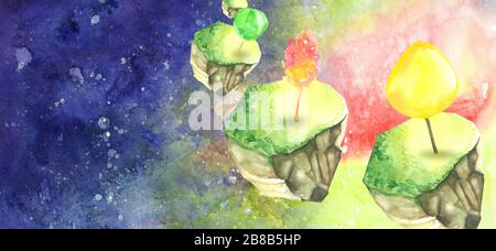 ne pas oublier la bannière de voler des arbres d'aquarelle sur des morceaux de terre dans l'espace ouvert Banque D'Images