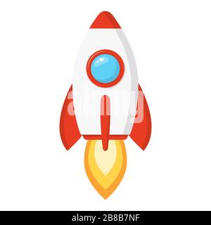 Un bateau-fusée de style caricature isolé sur fond blanc. Lancement de fusée spatiale. Processus de démarrage et de développement du projet. Produit d'innovation, creati Illustration de Vecteur
