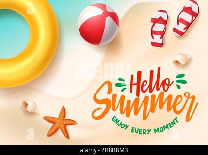 Bonjour bannière vectorielle d'été. Bonjour texte d'été dans la conception de fond de bord de mer de plage avec des éléments de plage tels que le ballon de plage, le flotteur, le flipflop et le poisson de mer. Illustration de Vecteur