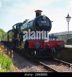 7800 (Manor) locomotive à vapeur de classe 'Odney Manor' arrivant à la gare de Stogumber sur le chemin de fer West Somerset en direction de Minehead, Angleterre, Royaume-Uni Banque D'Images