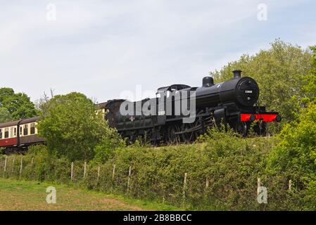 La locomotive à vapeur des chemins de fer britanniques 53808 tire un train vers la gare Crowcombe Heathfield sur le West Somerset Railway. Banque D'Images