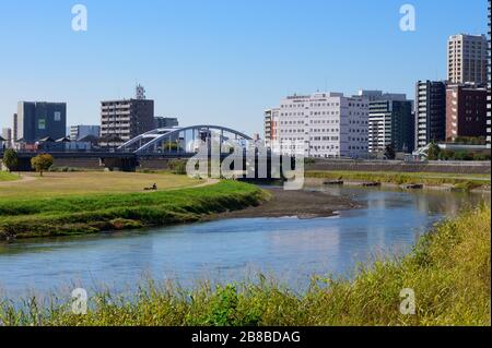 Vue sur la ville de Kumamoto la rivière Shirakawa Banque D'Images