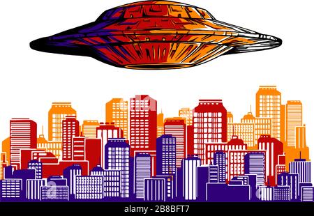 Invasion extraterrestre. OVNI détruit le vecteur de ville. Le super-héros protège la ville. Silhouette de la ville. Illustration de Vecteur