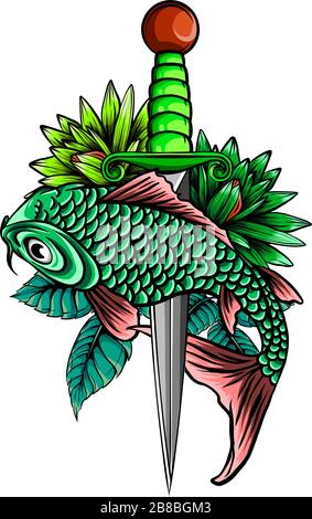 Illustration vectorielle Koi Fish and Hibiscus Line Illustration de Vecteur