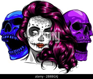 Illustration colorée dessinée à la main vectorielle du jour de la jeune fille crâne Dead Skull.Sugar. Crâne fleur de sucre. Illustration de Vecteur