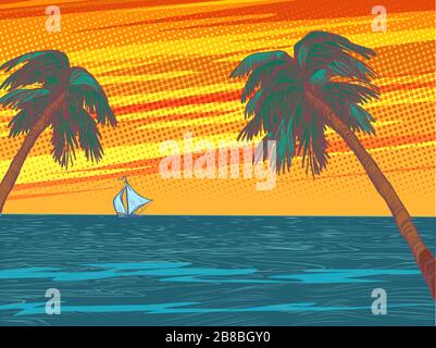 sunset beach resort palmiers arbres mer Illustration de Vecteur