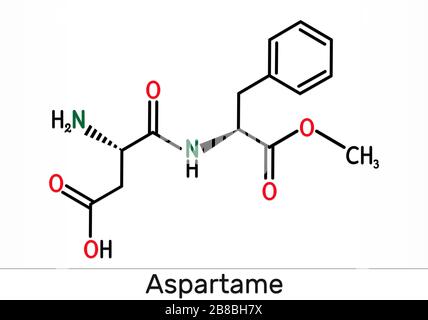 Aspartame, APM, molécule. Sucre de substitution et E951. Formule chimique du squelette. Illustration Banque D'Images