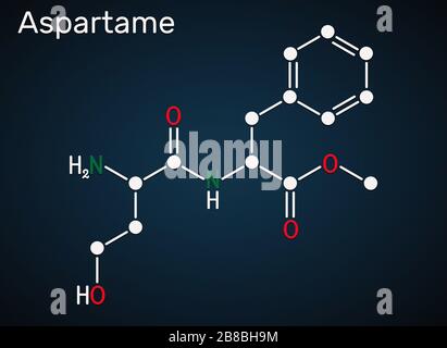 Aspartame, APM, molécule. Sucre de substitution et E951. Formule chimique structurelle sur fond bleu foncé. Illustration Banque D'Images