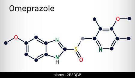Oméprazole, molécule C17H19N3O3S. Il est utilisé pour traiter les troubles liés à l'acide gastrique, l'ulcère peptique, le reflux gastro-œsophagien GERD. Skel Illustration de Vecteur