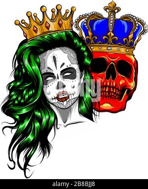 Roi et Reine de la mort. Portrait d'un crâne avec une couronne. Illustration de Vecteur