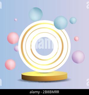 Scène dorée métallique avec formes géométriques flottantes, plate-forme ronde, fond minimal réaliste, scène de luxe en relief sur rose et bleu bébé pour le produit Illustration de Vecteur